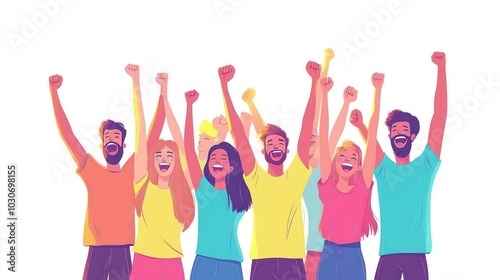 A group of diverse people cheering with their arms raised in the air. They are all smiling and happy.