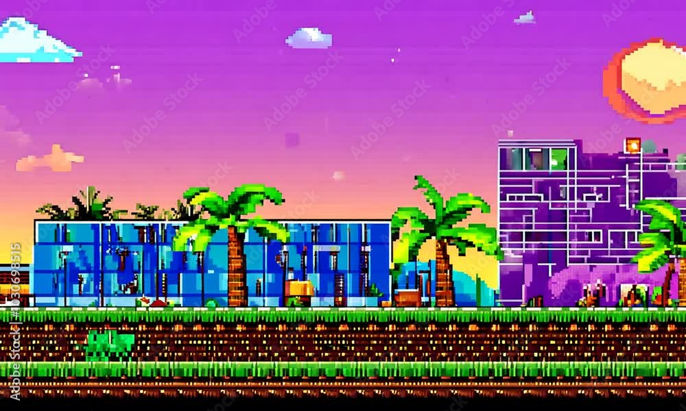 Pixelated cityscape with palm trees, buildings, and a vibrant sunset sky in a retro video game style