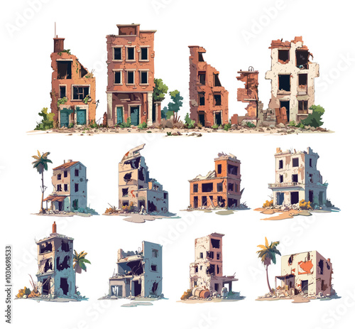 Urban buildings remains cartoon vector set. City destroyed walls brick piles war ruins, devastated abandoned apocalyptic town cataclysm global world disaster demolished isolated illustrations