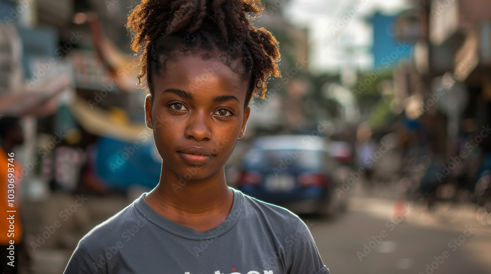 Fototapeta premium African slums. A woman stands against the backdrop of a poor area of the city.