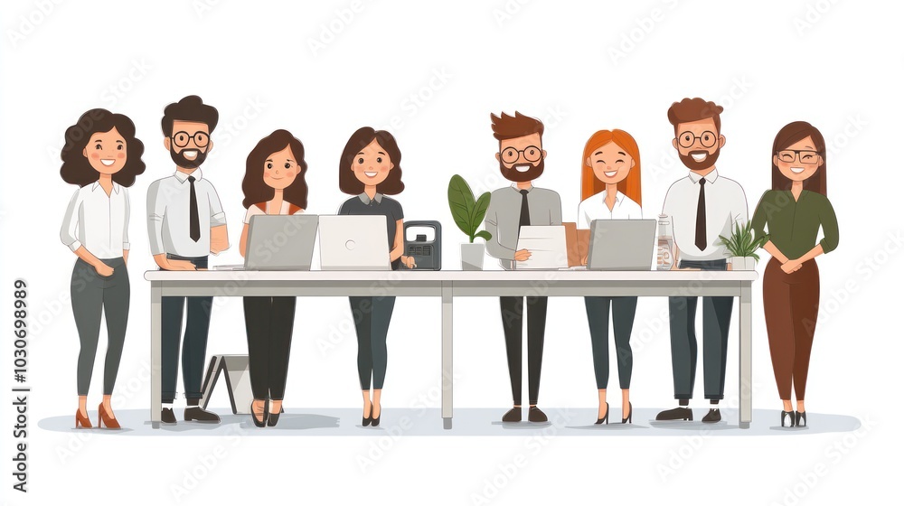 A group of eight diverse office workers stand at a long table with laptops, plants, and office supplies.