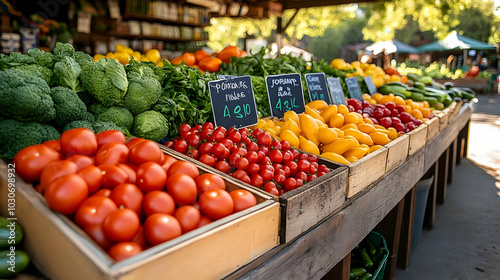 Colorful produce display at a market showcasing fresh vegetables.