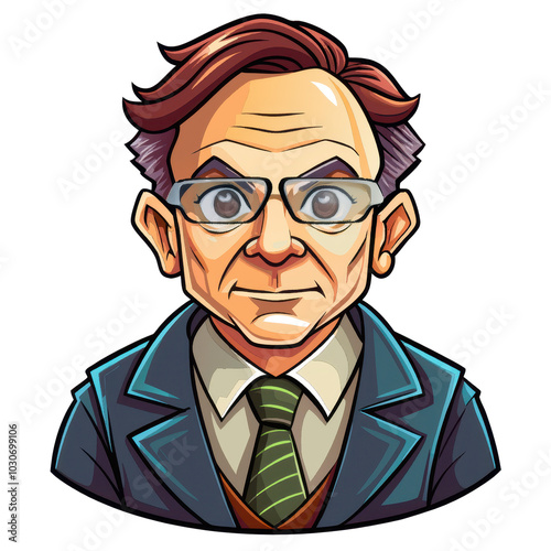 Cartoon character of a serious elderly man, white isolate background.