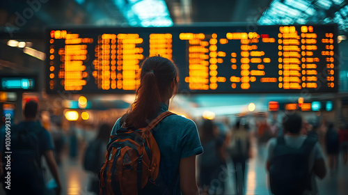 A traveler gazes at an airport departure board amidst a crowd.