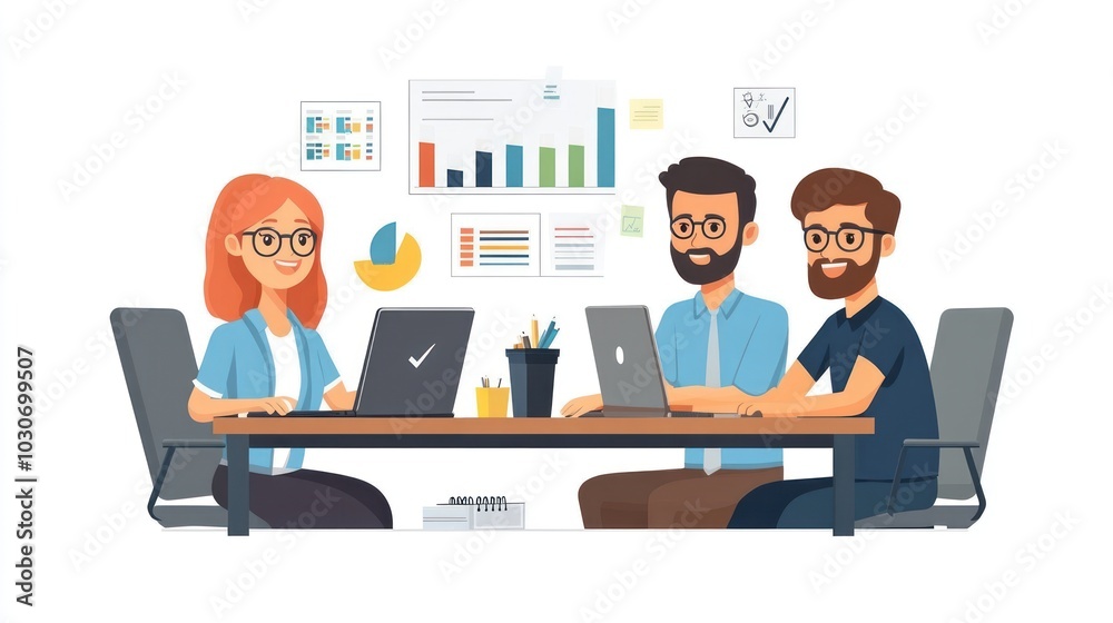Three coworkers working together at a desk with laptops. They are smiling and appear to be happy and productive. Three coworkers working together at a desk with laptops. They are smiling and appear to be happy and productive.