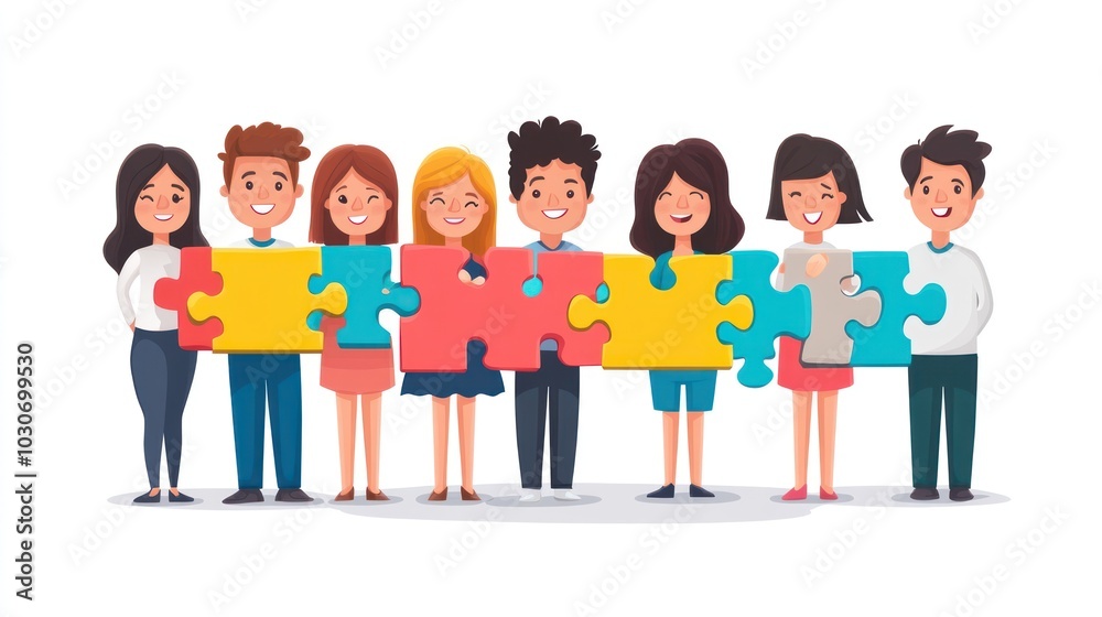 A group of seven diverse cartoon people, smiling and holding puzzle pieces together, symbolizing teamwork, cooperation, and collaboration. A group of seven diverse cartoon people, smiling and holding puzzle pieces together, symbolizing teamwork, cooperation, and collaboration.