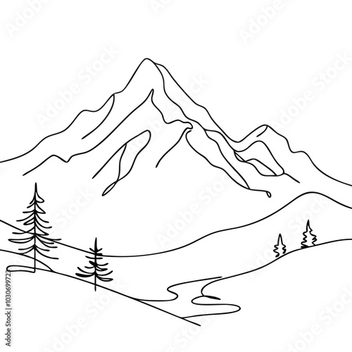 Minimalist line art of a mountain landscape with trees and flowing river