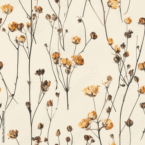 dried flower seamless pattern in the shade of light brown with thin lines