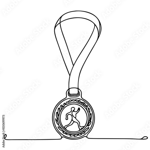 Continuous line art of a medal with running athlete