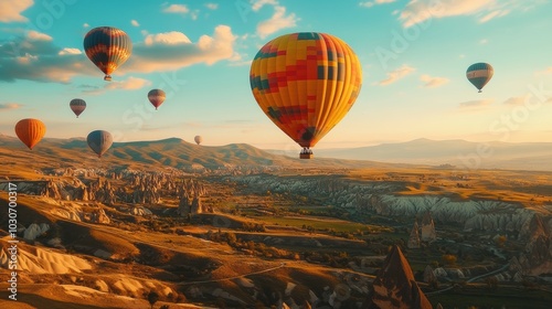 Hot air balloons soar over Cappadocia.