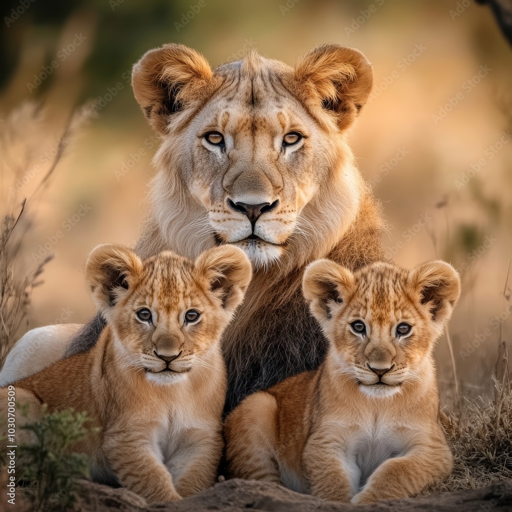 Protective Lioness with Two Adorable Cubs Wildlife Portrait of Family Bond in Savanna. Protective Lioness with Two Adorable Cubs Wildlife Portrait of Family Bond in Savanna.