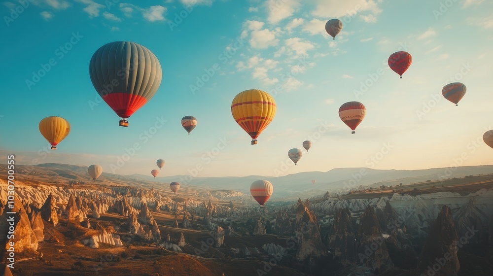 Fototapeta premium Hot air balloons over Cappadocia landscape.