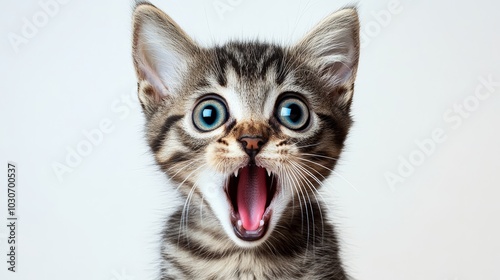 Surprised Cute Kitten with Mouth Wide Open, Isolated on White Background. Adorable Pet Portrait.