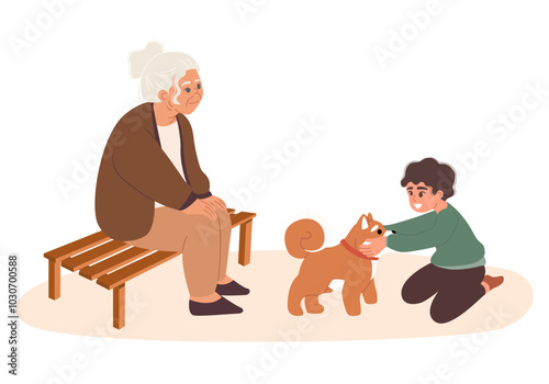 Grandma sits and watches her grandson play with a puppy.