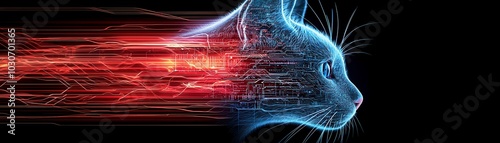 Cyber Cat, digital feline silhouette with glowing circuits, red streaks, futuristic technology theme, black background.