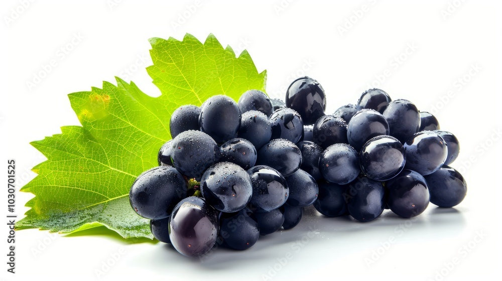 Fototapeta premium Exquisite and Wholesome: Vibrant Black Grapes Adorned with Lush Green Leaves on a Crisp White Canvas