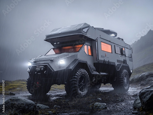 Futuristic an army personal transportation vehicle is driving down a road in the rain.