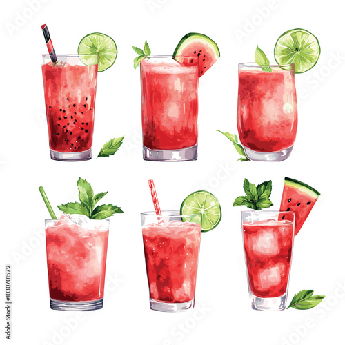 Watermelon juice cocktails watercolor vector set. Glass ice cubes lime slices tubes fresh summer cool tonics beverages cold drinks illustrations isolated on white background