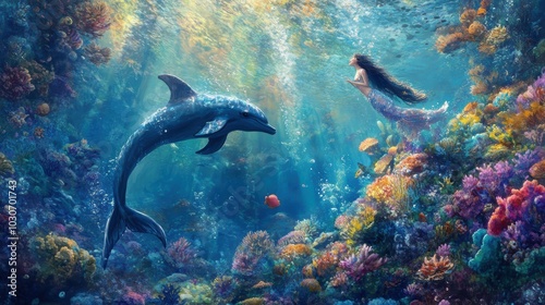 Dolphin swims near mermaid in coral reef.