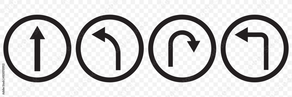 Arrows Showing Road Traffic. Prohibitory Road Signs. Vector Icons. No U-Turn, No Left and Right Turn, One-Way Traffic, and No Entry. EPS 10.