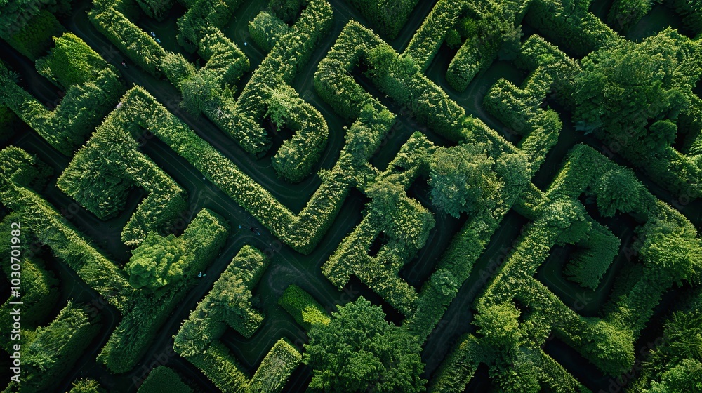 aerial view of a complex maze made from a green hedge aerial view of a complex maze made from a green hedge