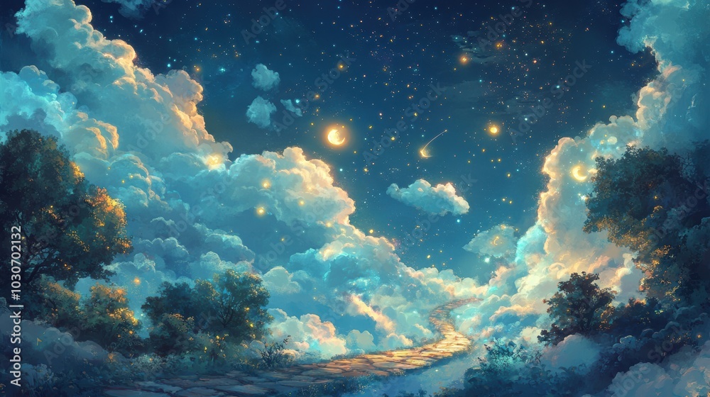 Obraz premium A starry night with a path leading up to the