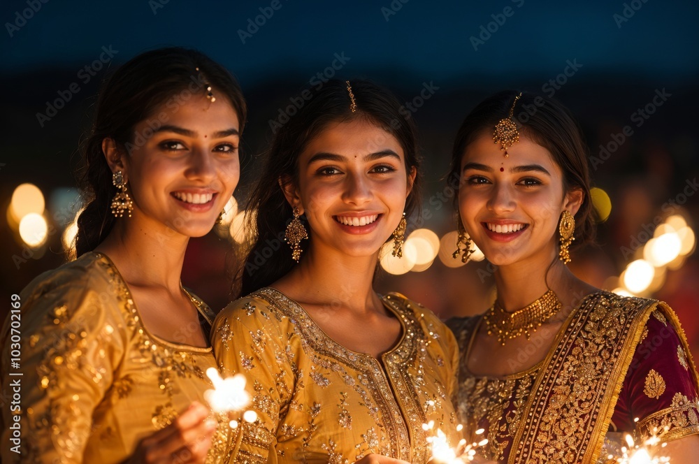 Obraz premium Indian Women Celebrating With Sparklers During Festive Night generative ai 