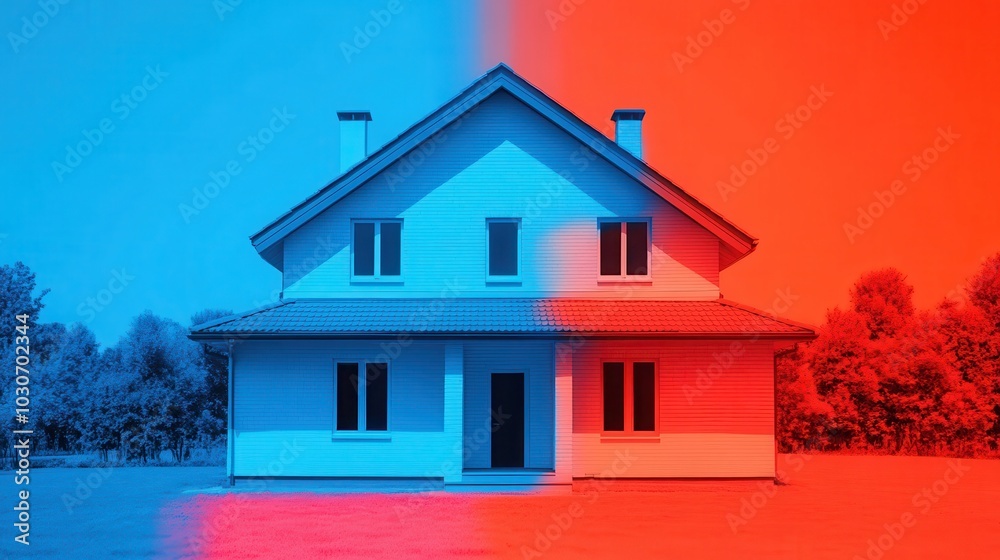 Modern house split in vibrant blue and red hues Modern house split in vibrant blue and red hues