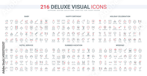 Public holidays, wedding ceremony and entertainment, hotel line icon set. Birthday, banquet and event timeline, party invitations, baby kid care thin black and red outline symbols vector illustration
