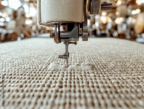 Close-up of a sewing machine needle stitching fabric on a textile.