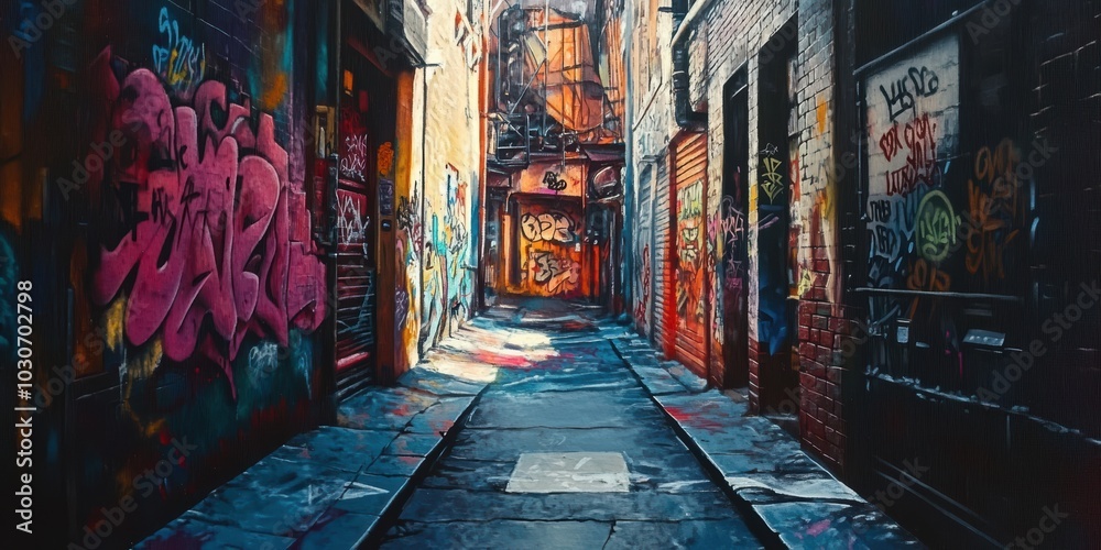 Fototapeta premium Dark alley with graffiti and brick walls.