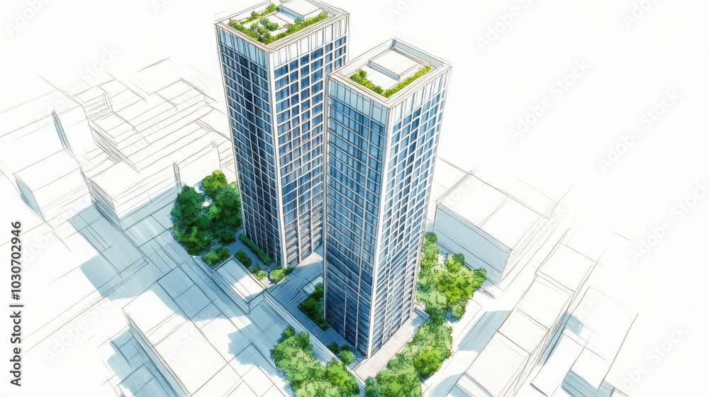 Modern skyscrapers with green rooftops in urban design Modern skyscrapers with green rooftops in urban design