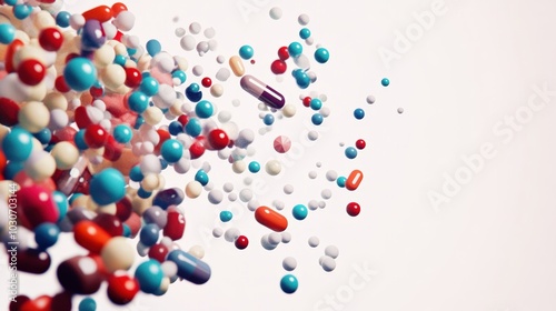 Colorful capsules and pills in mid-air motion, symbolizing pharmacy, medicine, and healthcare, on a clean white background.