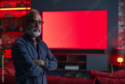 Digital mockup indian man in his 50s in front of an smart-tv with a fully red screen