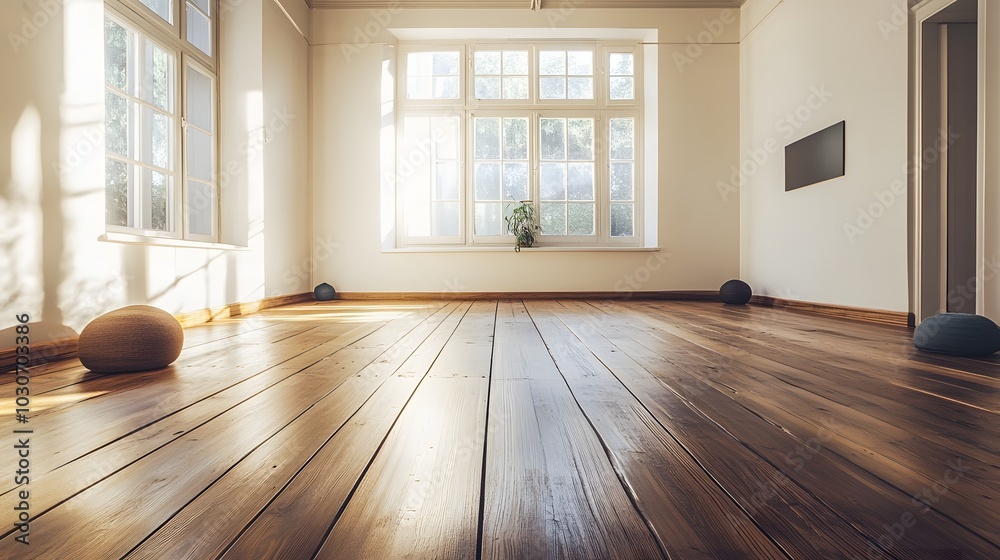 Fototapeta premium 140. A polished wooden floor in a minimalist yoga studio