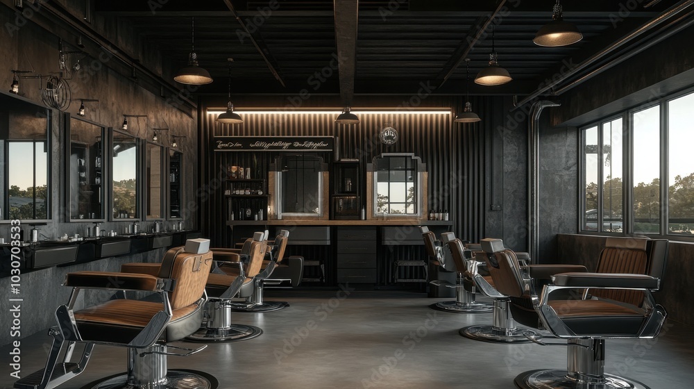 Modern, edgy men's barber shop with sleek black-and-metal decor, leather chairs, and stylish lighting for a cool and masculine vibe. Modern, edgy men's barber shop with sleek black-and-metal decor, leather chairs, and stylish lighting for a cool and masculine vibe.