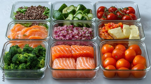 Colorful meal prep ingredients in glass containers for healthy eating. photo