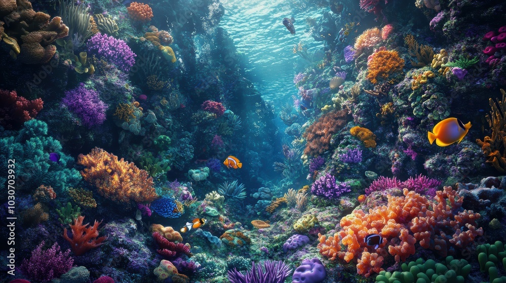 Obraz premium Colorful coral reef with fish swimming.