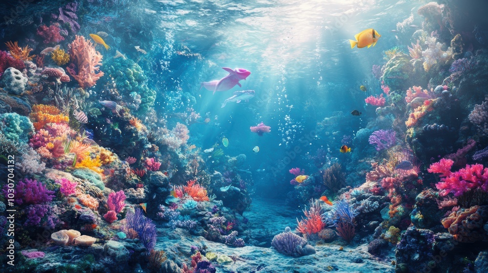 Fototapeta premium Underwater scene with colorful coral and fish.