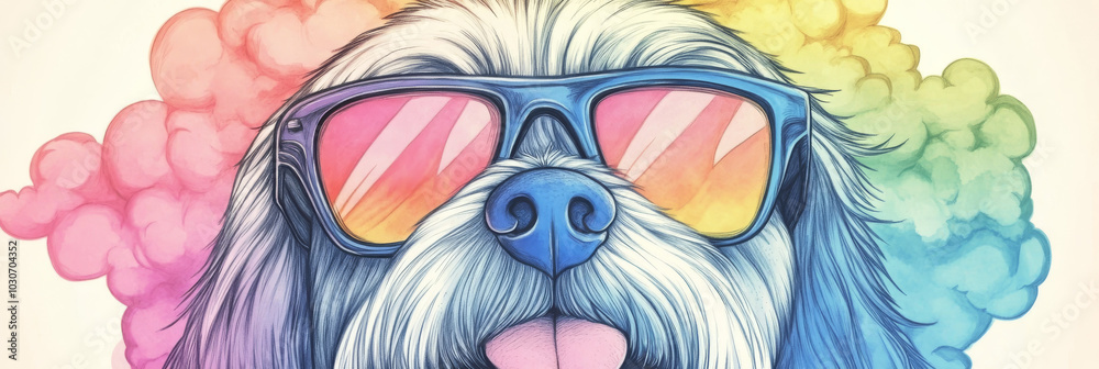 Cool dog in sunglasses with a rainbow background Cool dog in sunglasses with a rainbow background