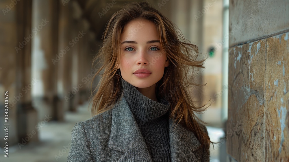 Portrait of a Beautiful Young Woman with Long Brown Hair, Wearing a Gray Coat and Black Turtleneck. Portrait of a Beautiful Young Woman with Long Brown Hair, Wearing a Gray Coat and Black Turtleneck.