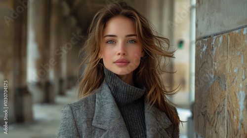 Portrait of a Beautiful Young Woman with Long Brown Hair, Wearing a Gray Coat and Black Turtleneck.