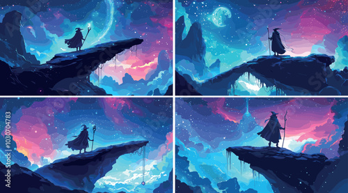 Wizard standing rock peak cartoon vector concepts. Robe cone hat sorcerer man magic scepter wooden staff back view character cliff night full moon forest valley landscape illustration