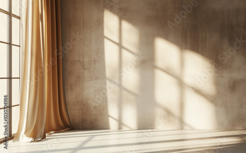 Modern room with sunlight and beige curtains casting shadows on a concrete wall. Minimalist interior design.