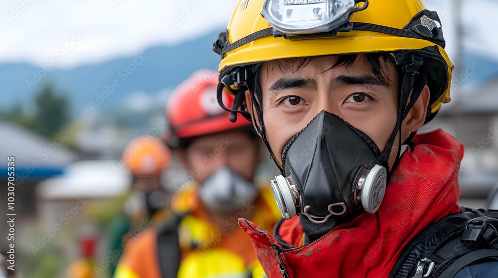 Naklejka premium Firefighters and paramedics working together to provide critical emergency care and treatment to victims in a disaster zone after a major incident or crisis event