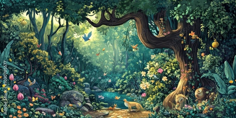 Obraz premium Lush green forest with flowers, a stream, and creatures.