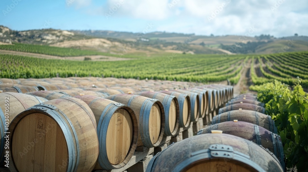 Neatly stacked wooden barrels in a vineyard, with a backdrop of rolling hills and a vibrant, sunny sky, capturing the essence of winemaking. Neatly stacked wooden barrels in a vineyard, with a backdrop of rolling hills and a vibrant, sunny sky, capturing the essence of winemaking.