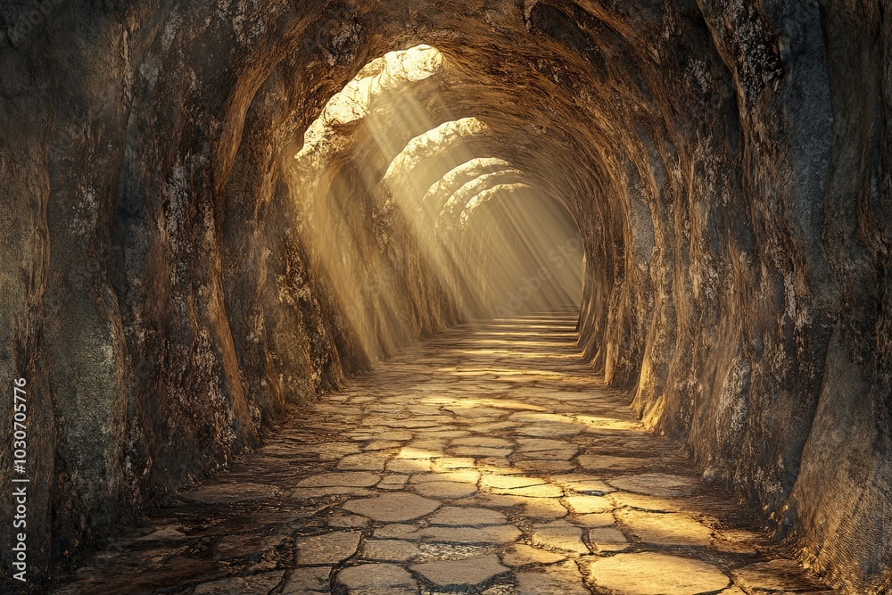 Naklejka premium A serene underground passage illuminated by sunlight streaming through openings at dusk in a rocky cave. Generative AI