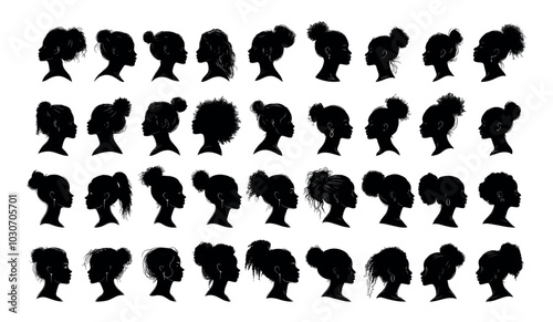 Woman profile silhouettes black ink sketch. Female heads hairstyles bob long waves pixie cut lob layered braids buns ponytail profiles faces avatars portraits isolated set