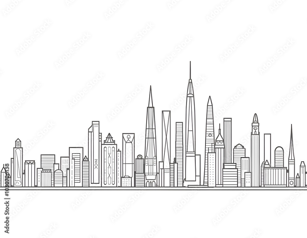 Modern City Skyline Line Art Illustration in Black and White
